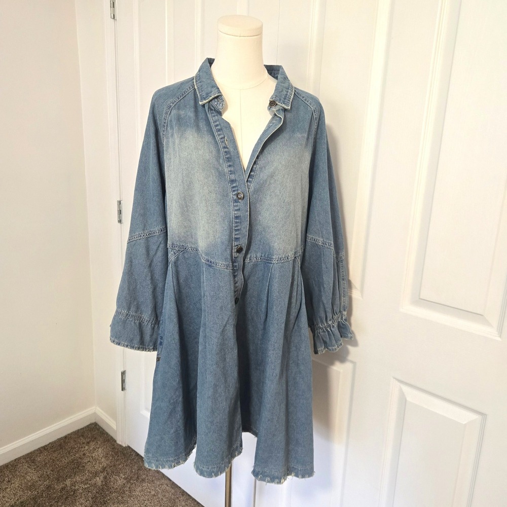 Impressions Denim Mini Dress Womens Large Blue Frayed Hem Babydoll Button Down